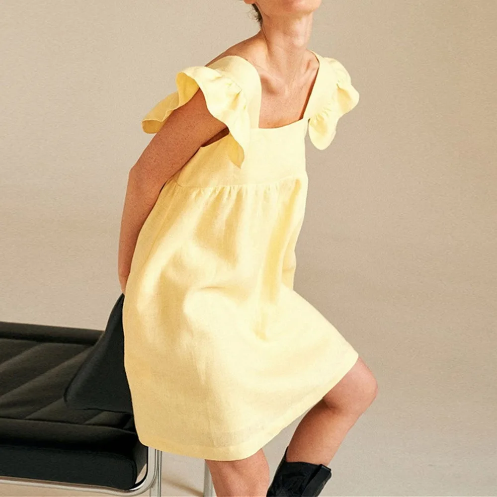

Muiches Casual Square Collar Butterfly Sleeve Mini Sweet Dress Woman Backless High Waist Loose Linen Solid Dress 2021 Summer