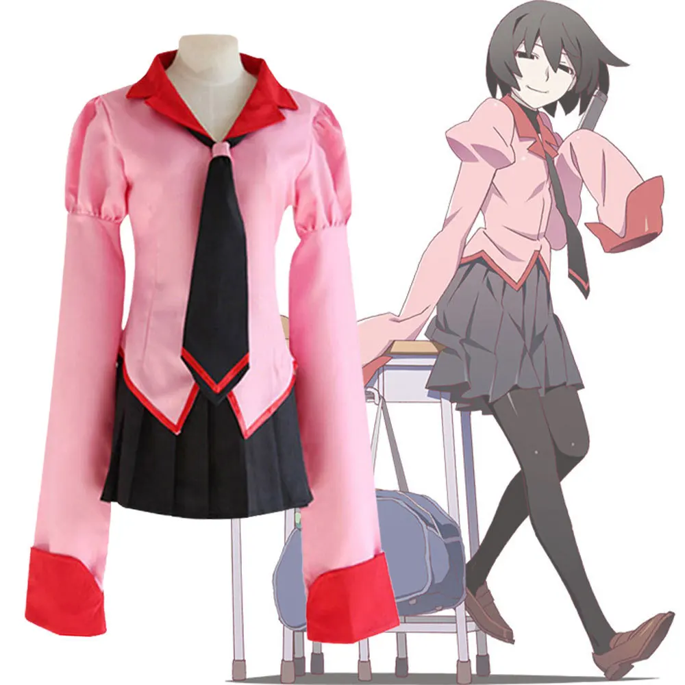 

Anime Owarimonogatari Oshino Ougi Cosplay Costumes Wigs Bakemonogatari Halloween Pink School Girls Uniforms 3PCS/Set