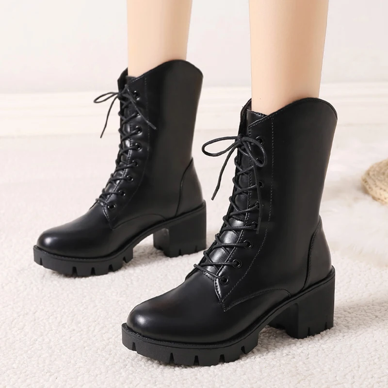 

Rimocy Winter Chunky Heels Ankle Boots for Women 2021 Fashion Black PU Leather Botas Mujer Plush Lace Up Platform Shoes Woman