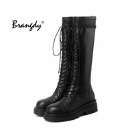 brangdy fall lace up womens platform boots gothic knee high black leather up fashion weeks new style nightclub shoes thick heels