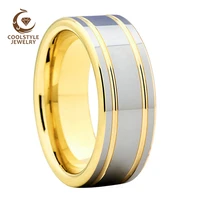 8mm 6mm yellow gold wedding band tungsten carbide ring two tone double grooved finish excellent quality comfort fit