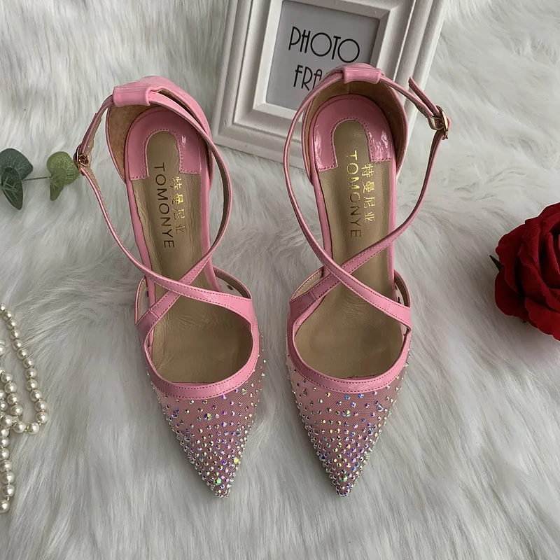 2020 new hot sale baby pink patent with crystal stone mesh gauze cross ankle straps girl lady women 120mm high heel summer shoes | Обувь