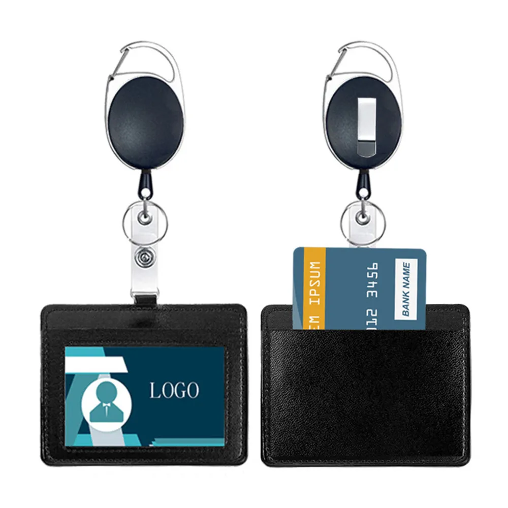 

2021 Zinc Alloy Retractable Horizontal And Vertical PU Card Holder Keychain Men black Belt Rope Exhibition ID Name Buckles