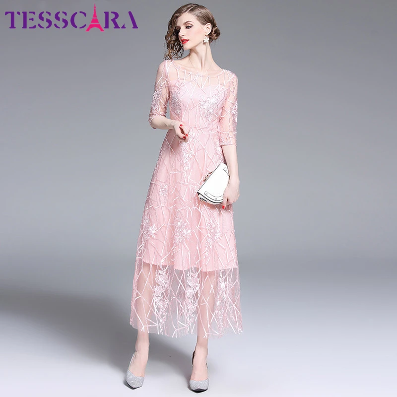 Женское длинное розовое Сетчатое платье TESSCARA с вышивкой женское высокого