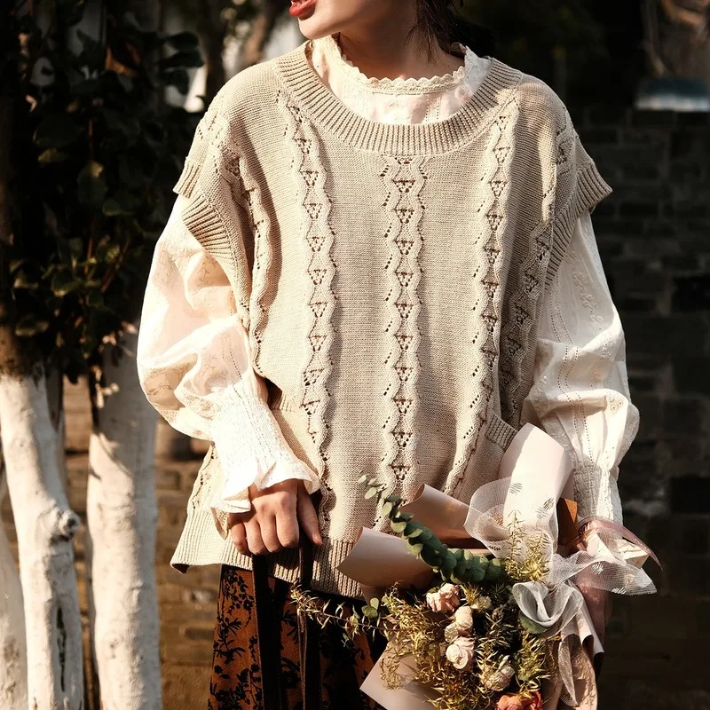 

Lugentolo Retro Art Knitted Sweater Vests Women Loose Korean Fashion Waistcoat Spring New O-Neck Pullover Vest