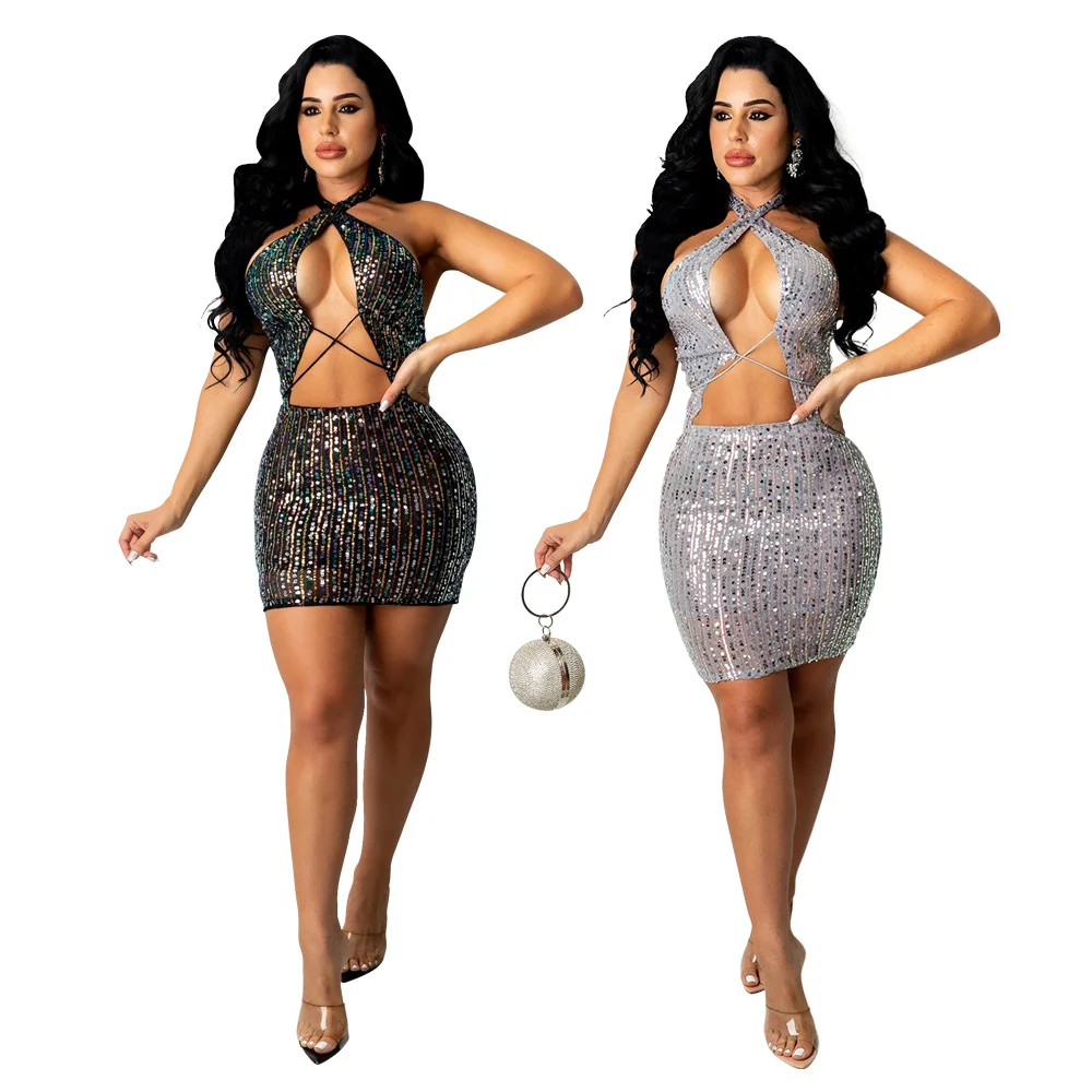

Zoctuo Women Hollow Out Mini Dress Elegant Knitted Dresses Sexy Nightclub Party Dress Backless Hanging Neck Wrap Hip Dress
