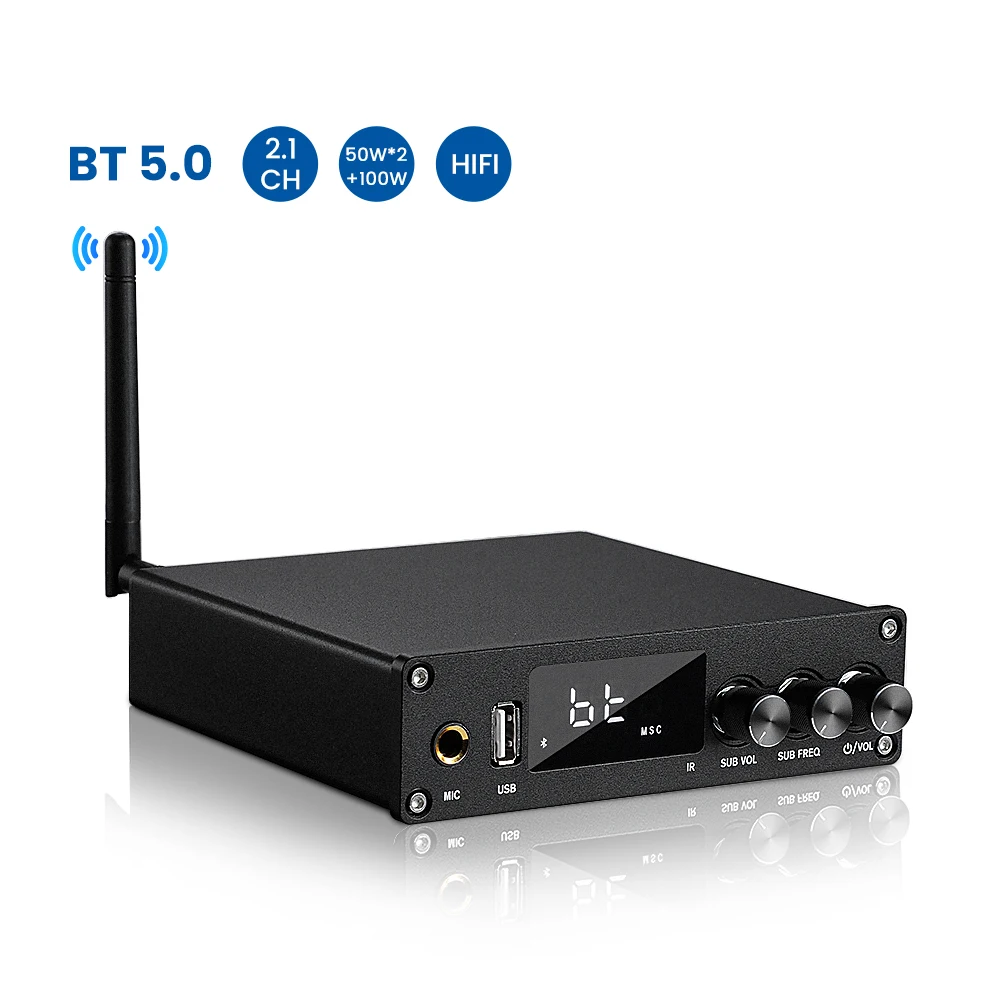 

AIYIMA Audio TPA3116 Bluetooth Amplifier Hifi Stereo 2.1 Channel COAX/OPT/HDMI MIC Karaoke Amp USB Music Player 50Wx2+100W