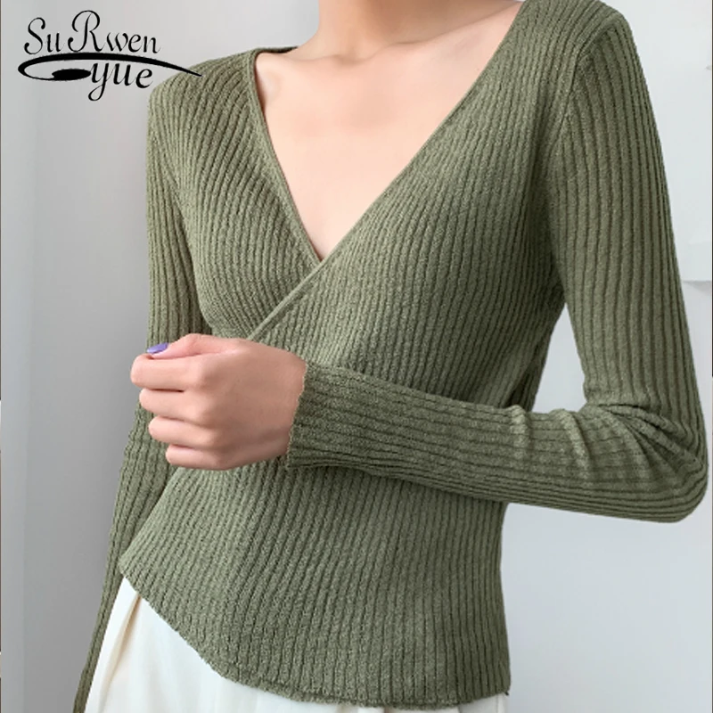 

2019 Korean Style Women Sweater Women Tops Solid Full Sleeve Women Knitting Sweater Solid V-Neck Pullover Sweater 6660 50