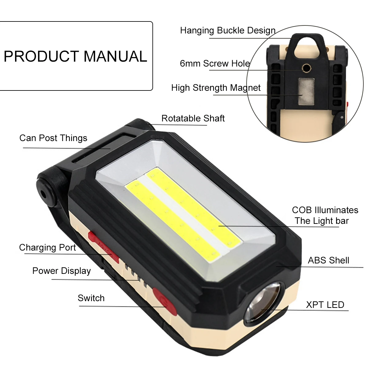 

USB Rechargeable COB Work Light Portable LED Flashlight Adjustable Waterproof Camping Lantern Magnet Design with Power Display