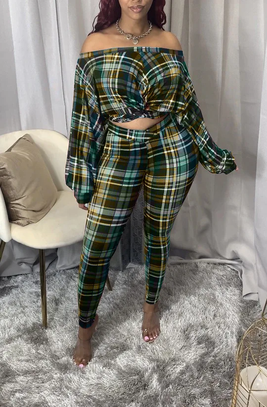 

Chocomist Two-piece Casual Plaid Print Off-shoulder Women Pant Set