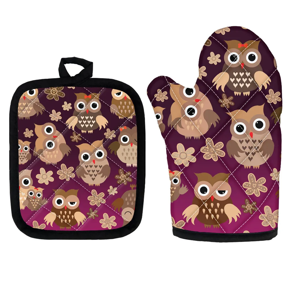 

2pcs Heat Insulation Oven Gloves Cartoon Owl Print Kitchen Cooking Polyester Oven Mitten with Non-slip Bbq Gloves Eco-Friendly