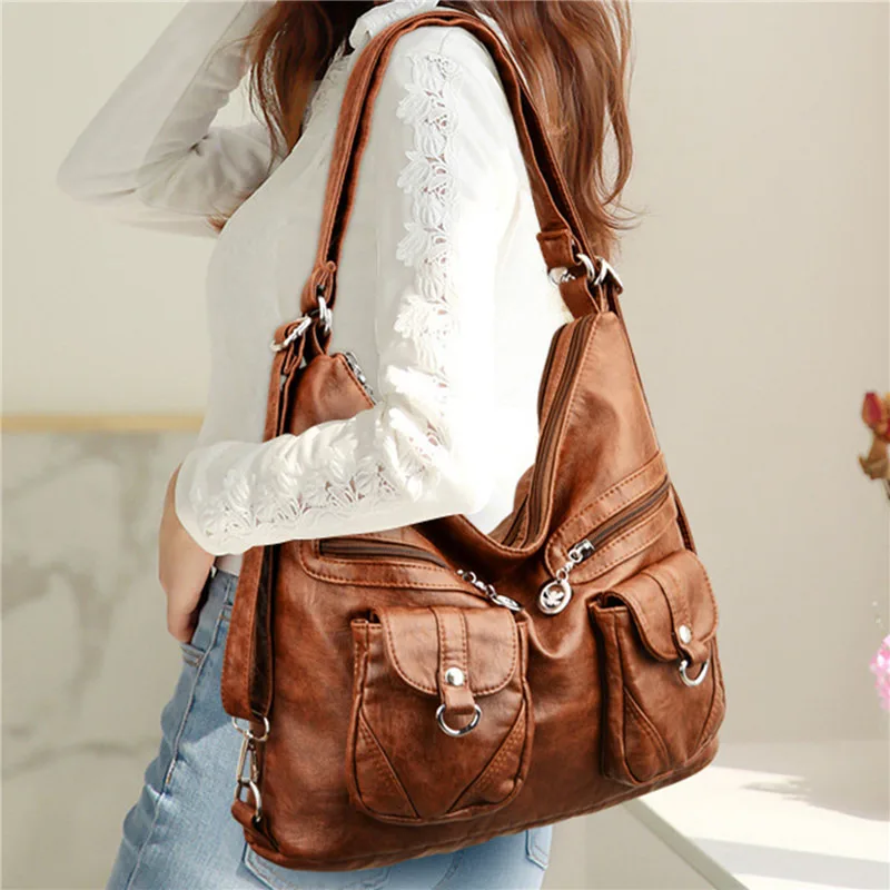 

Washed PU Women Handbag Lady Shoulder Bag Double-Compartment and Multi-Pocket Roomy Messenger Tote with Long Strap