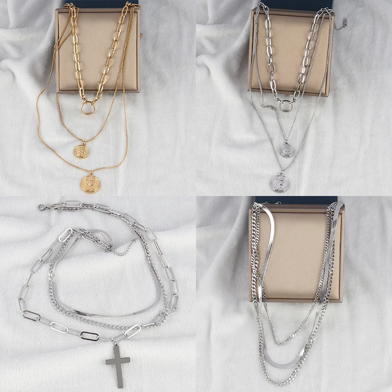 Многослойное ожерелье из нержавеющей стали в стиле панк для женщин с сердцем