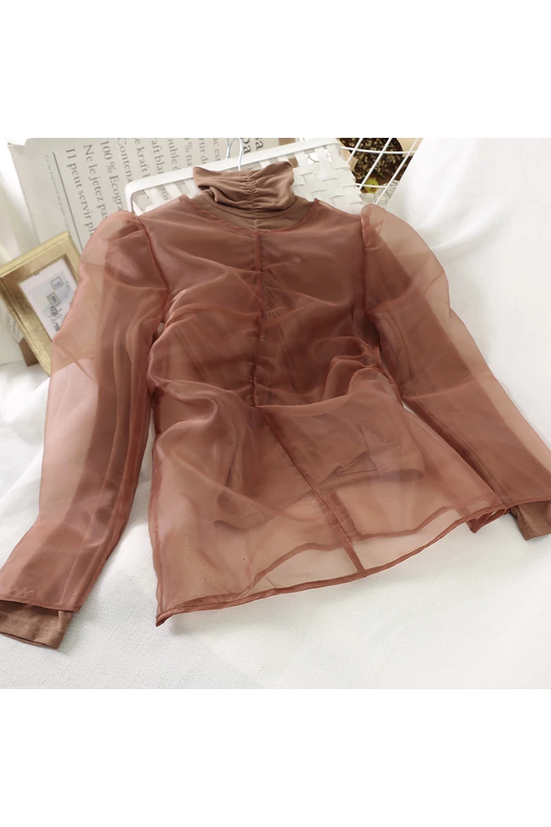 LANMREM 2020 Korean Version Of The New Winter Women's High Collar Long-sleeved Tight Puff Sleeve Perspective Shirt PC223 |