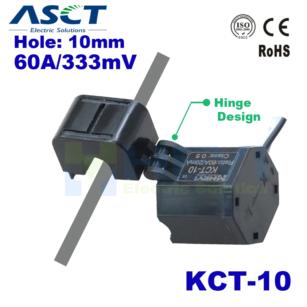 

Hinge Designed clamp on current transformer KCT-10 Class 0.5 with 1m wire 30A/333mV 60A/333mV volt output split core transducer