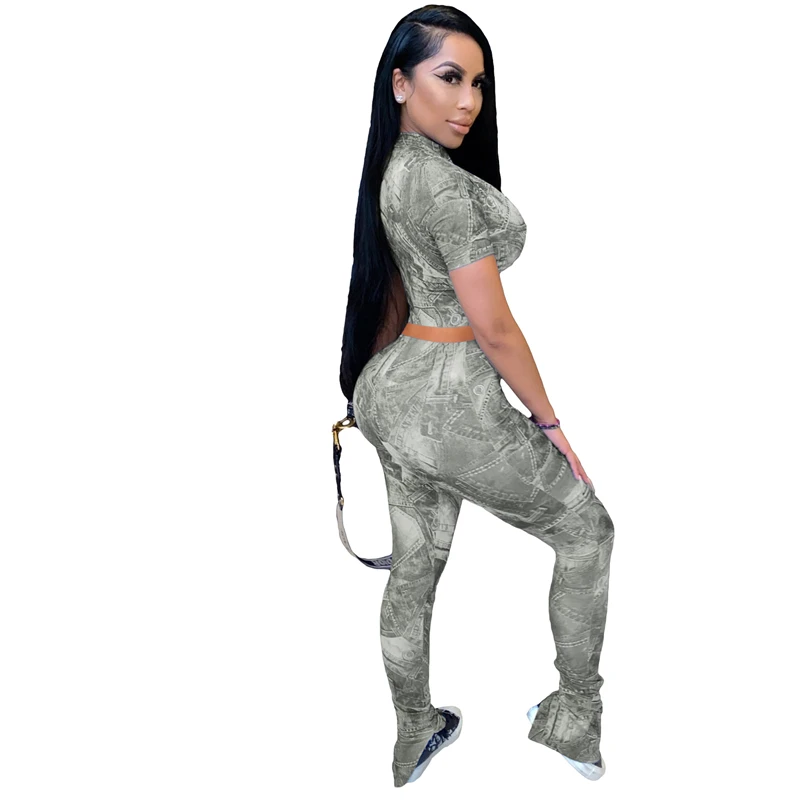 

Cutubly Short Sleeve Women'S Set Jeans Print Casual Two Piece Set Zipper Shirt Crop Top Split Pencil Pants Set Fashion Suits