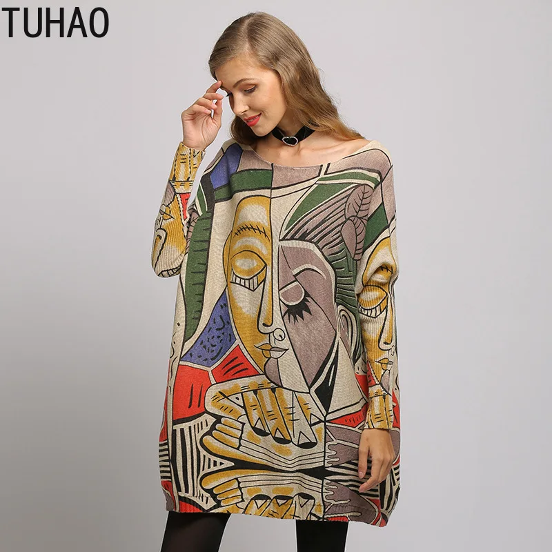 

TUHAO Fall Large Size Woman's Tops Loose Batwing Sleeve Print Sweaters Long Casual Knitted Pullovers T6306