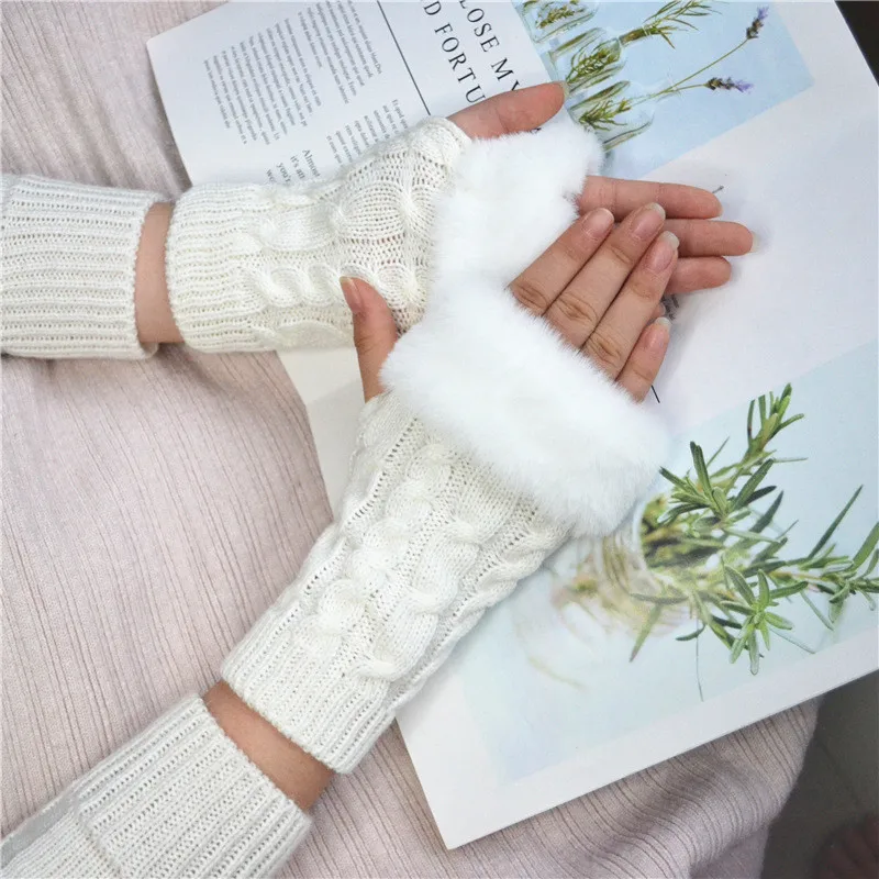 

Осенне-зимние однотонные ученические сохраняющие тепло Корейские вязаные женские перчатки без пальцев с защитой рук и рта из пеньки женски...