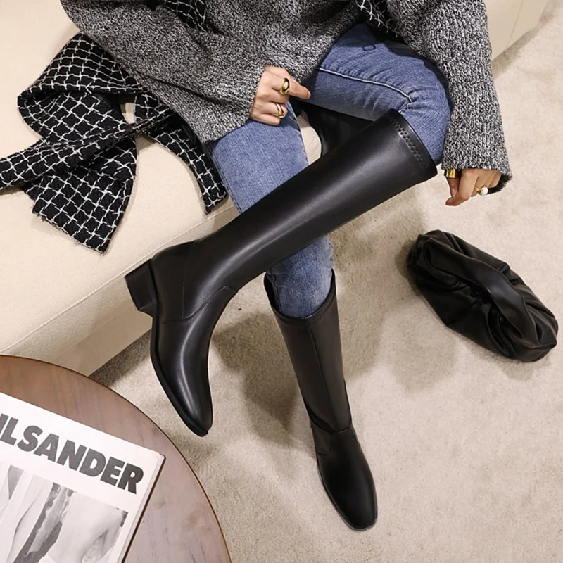 

RIZABINA Knee High Boots For Women Square Toe Zipper Thick Heel Solid Color Winter Fashion Ladies Footwear Outdoor Size 34-48