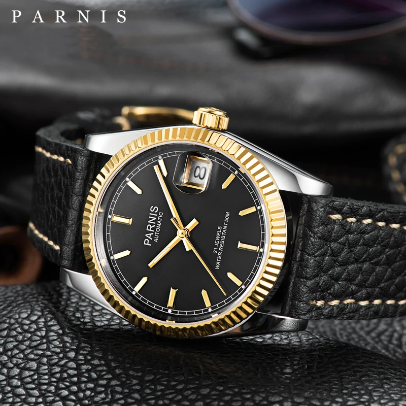 

Мужские механические часы Parnis 36 мм с черным циферблатом 21 драгоценность сапфировое стекло кожаный ремешок автоматические часы с Топ люксов...