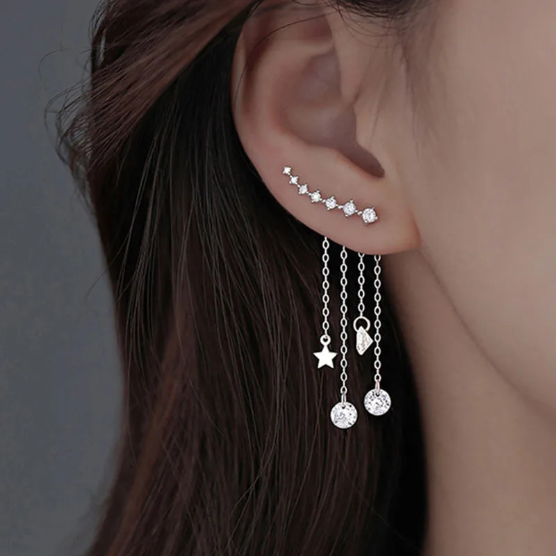 

Double Wear Micro-inlaid Crystal Long Tassel Star Gold Silver Color Metal Earrings For Women Elegant Charm Party Jewelry Gift
