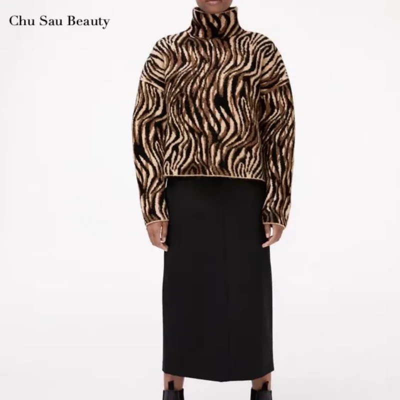 

New ZA Women's Autumn And Winter Animal Print Jacquard Sweater Fashion Warm High Neck Pullover Sweater Casual All-Match