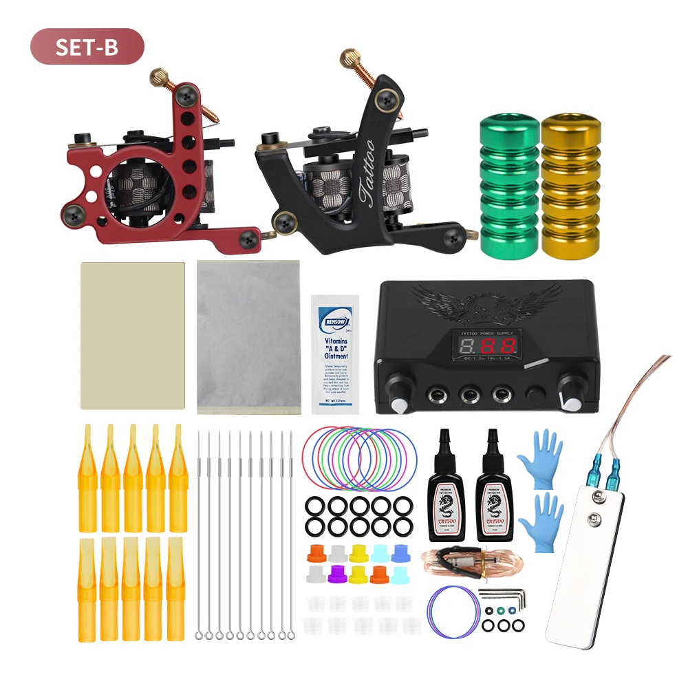 Two machine kit Полный комплект для татуировки, набор для татуировки, электропитание, иглы, профессиональная машина для татуировки, набор для начинающих - Color: Two machine kit