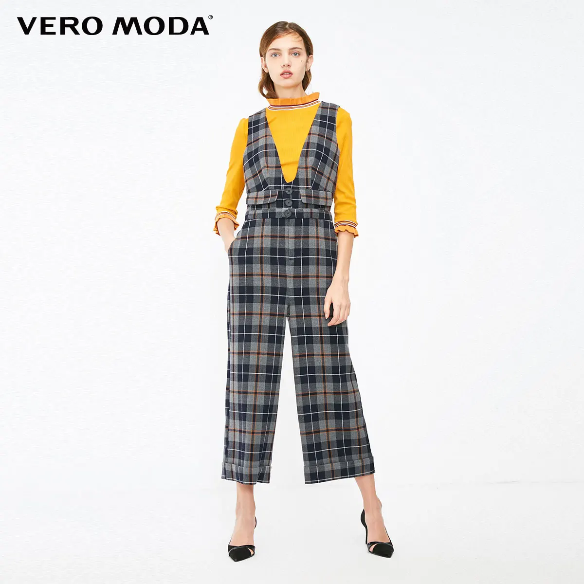 Vero Moda новое поступление OL Стиль Женский клетчатый комбинезон капри на пуговицах | 31849X504 - Цвет: Granit