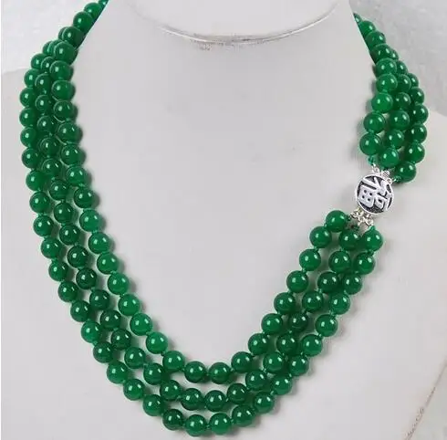 

Charming 3Rows 8mm Natural Green Jade Gemstones Jewelry Necklace Silver Clasp