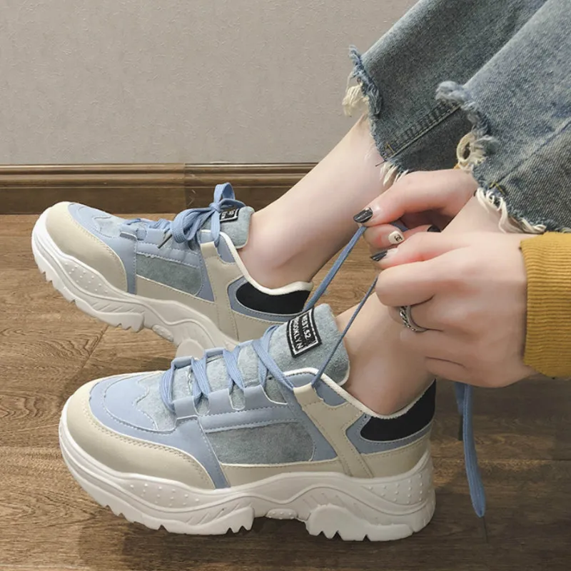 Женская повседневная обувь кожаные кроссовки на платформе синие Chaussure Femme F1 39