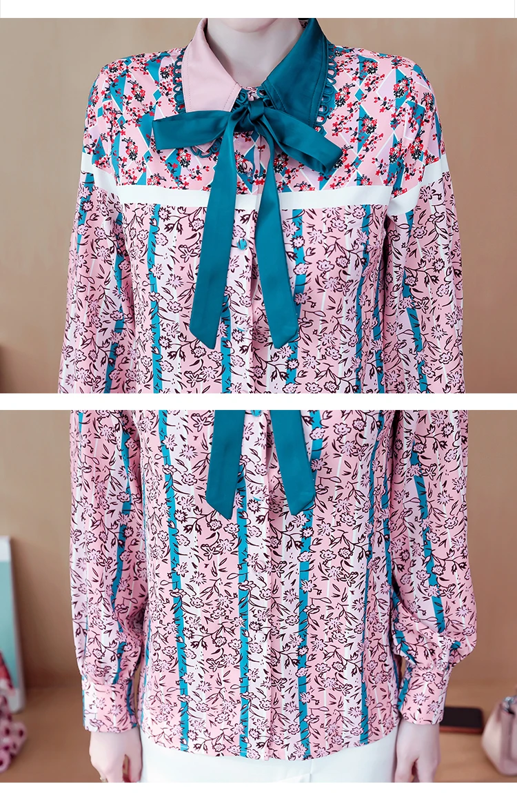 

S-2XL Fashion Elegance Ladies Chic Collar Full Sleeve Print Shirt Women Tops Spring New Clothing Blouses Women Shirts SL299