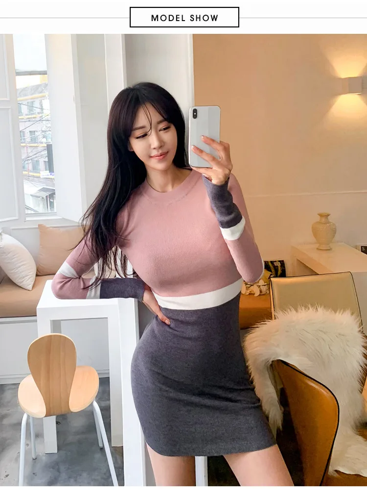 

Autumn woman's sexy sweater dress women above knee Long sleeve Hit color knit sheath Mini dress female
