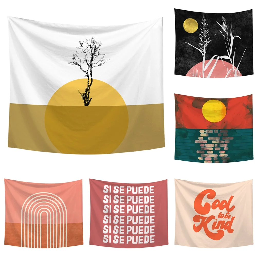 

Simple Letters Wall Hanging Tapestry Colorful Abstract Full Moon Sun Wall Cloth Blanket Home Decor Art For Living Room Bedroom