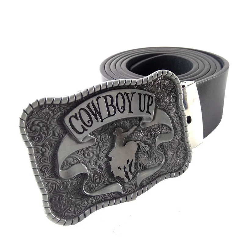 Retro High Quality Mens Big Buckle Vintage Western Cowboy Up Rodeo Gray Metal Buckles Black PU Leather Belts For Men Jeans Cool
