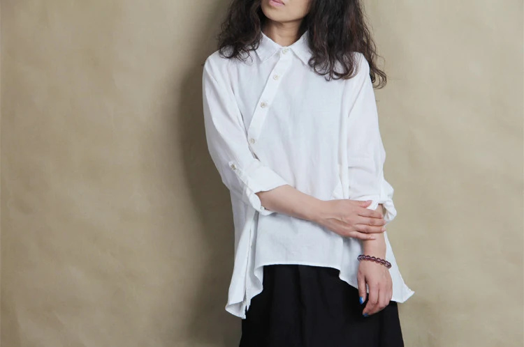 Горячая 2021 сезон: весна лето новая женская рубашка из хлопка и льна косые белая с