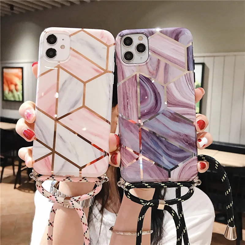 Чехол для iPhone 12 11Pro Max SE2020 7 8 Plus с алмазным покрытием и веревкой мягкий чехол задней