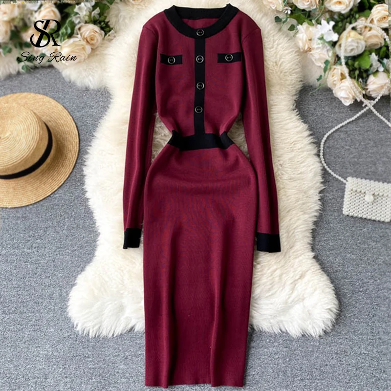 Женское вязаное платье-футляр SINGRAIN Осеннее модное облегающее платье в стиле