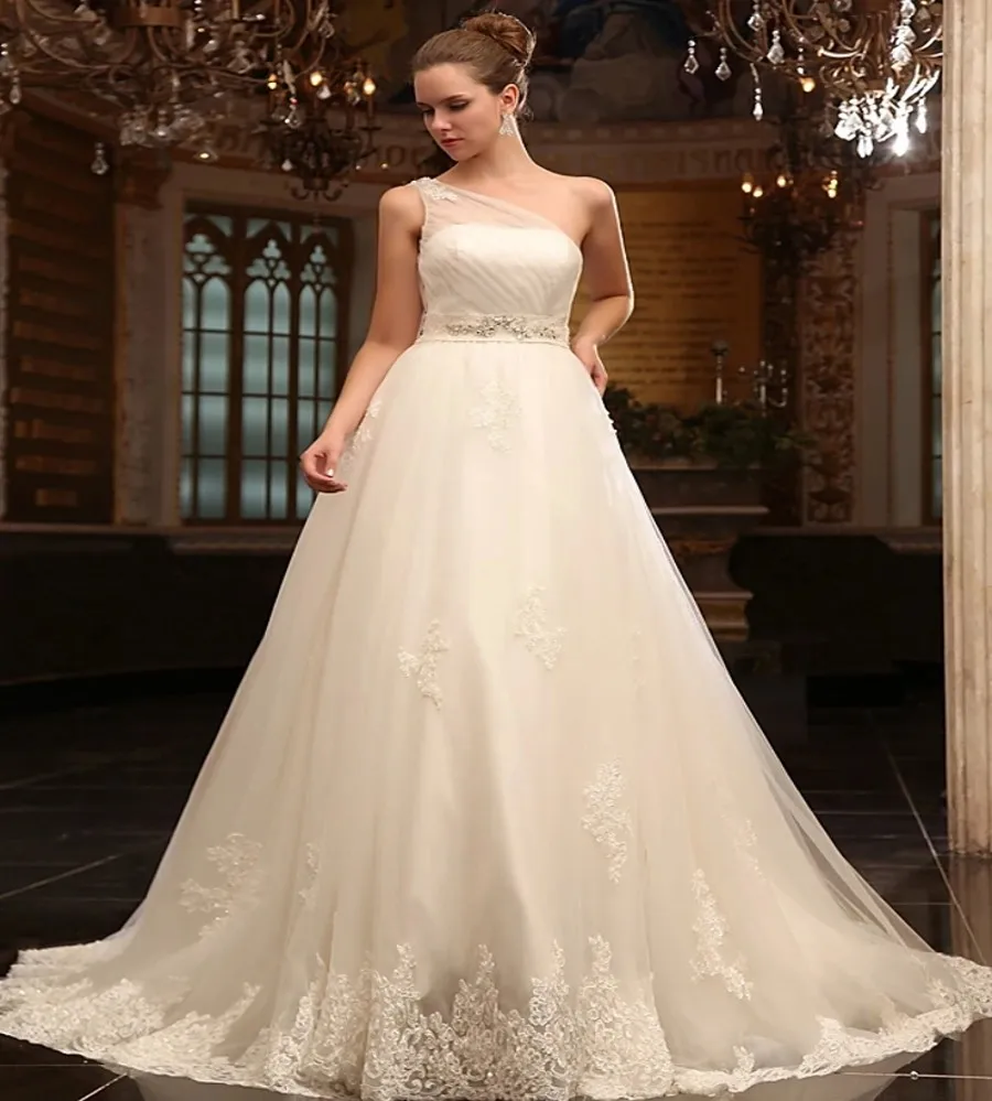 

Princess A-Line Lace Wedding Dresses One Shoulder Court Train Satin Tulle Beading Bridal Gowns Vestidos De Noiva Mairee