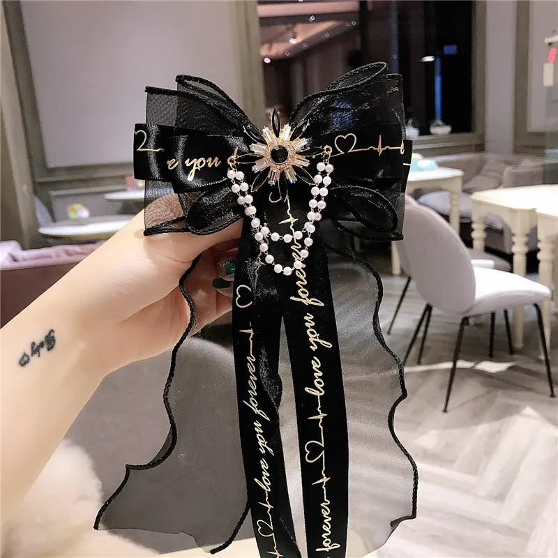 

Ladies Pearl Crystal Luxury Bow Tie Pin Formal Dress White Shirt Embellished Ties Black Lace Ribbon Bowtie Brooch Wedding Party