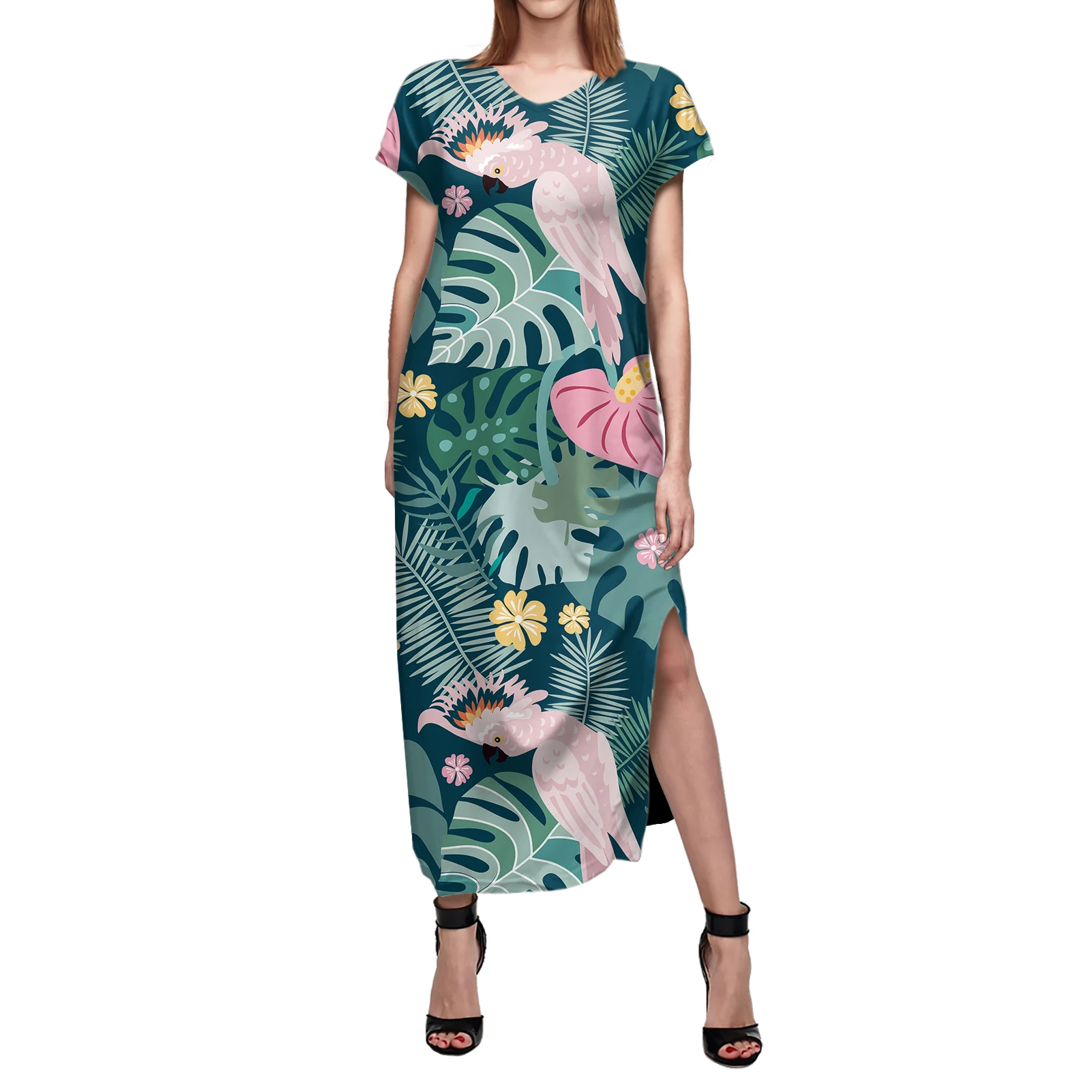 

Polynesia Tribe Tropical Jungle Flowers And Birds Printing Summer Lady Clothing Loose Large Size Short Sleeve V-Neck Split Skirt