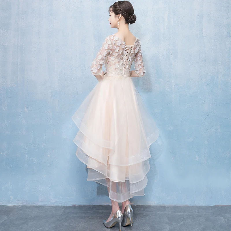 

Champagne Tiered Tulle Short Evening Dresses For Wedding Party 2020 Elegant O-neck Lace High Low Prom Gowns Homecoming Party