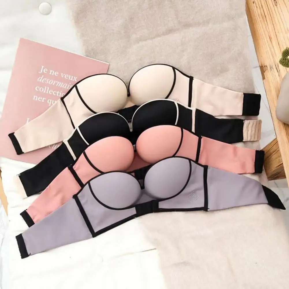 

Strapless Bra Gathered Stretchy Women Wire Free Push Up Front Buckle Brassiere Invisible Bras Underwear for Daily Wear