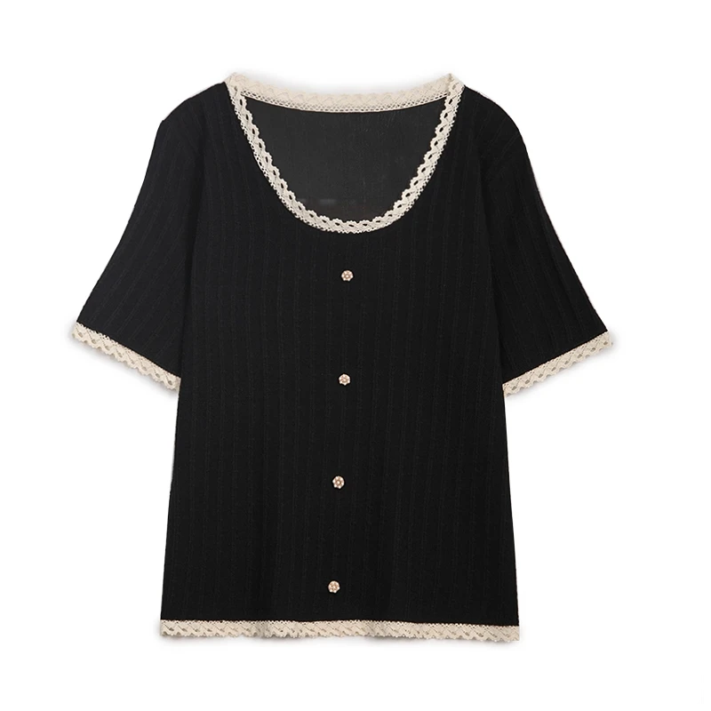 

Nkandby Large Size Women's Clothing 2021 Spring Summer Fashion Knitted Square Neck Short Sleeve T-shirt Lace Trim Button Tshirt