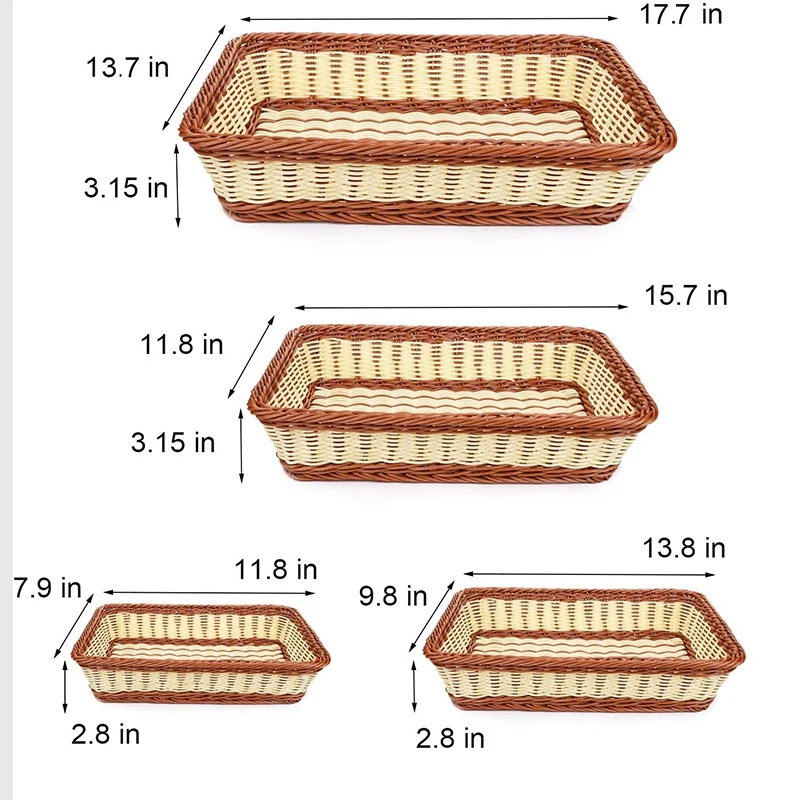

4 Pack Imitation Rattan Rectangle Woven Bread Basket, Poly-Wicker Food Fruit Serving Display Basket for Home