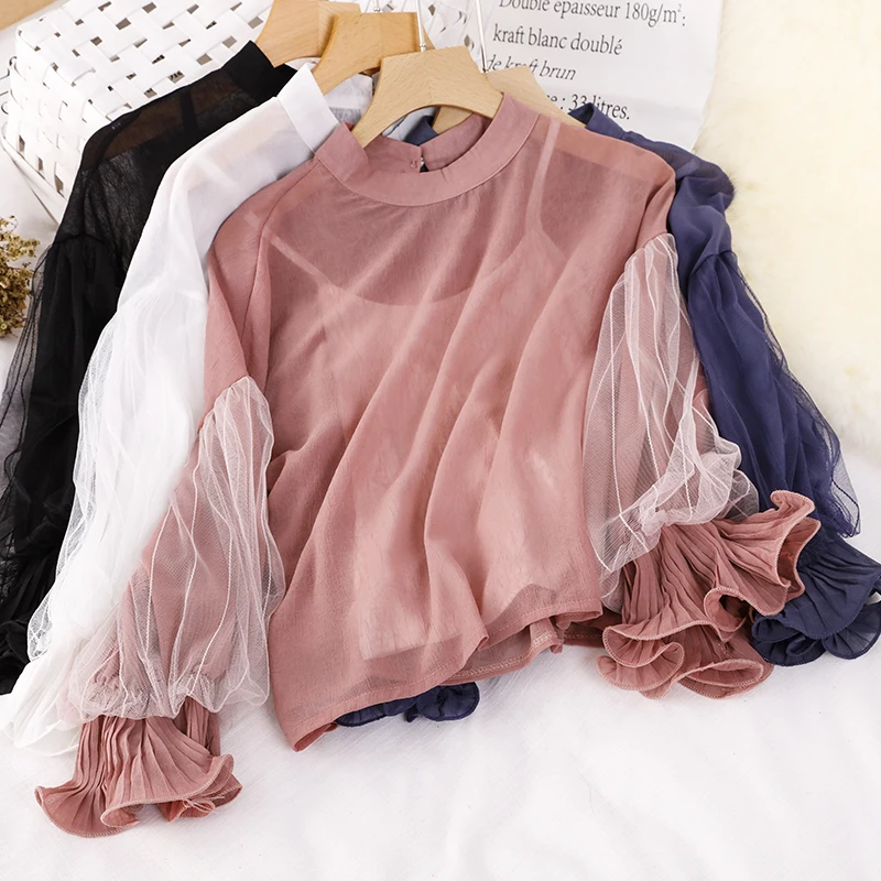 2 шт. 2020 женская летняя кружевная сетчатая шифоновая Базовая рубашка с оборками