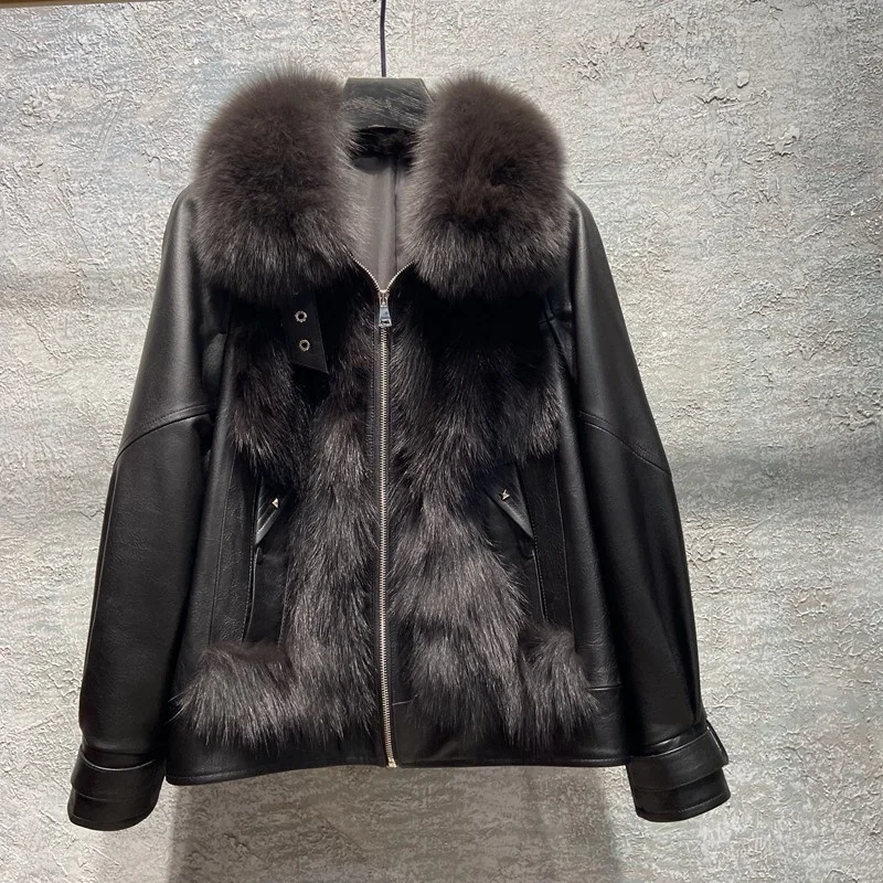 

SHZQ 2021 Winter New Coats Women's Winter Thickened Genuine Sheepskin Leather Jackets with Natural Fox Fur Collar Long Sleeve