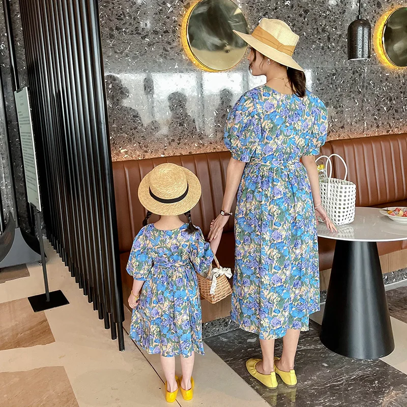 

2021 Summer Mom Daughter Dress Baby Rompers Family Matching Outfits Clothes Flower Print Ruffles Short Sleeve Cotton Shirt Dr109