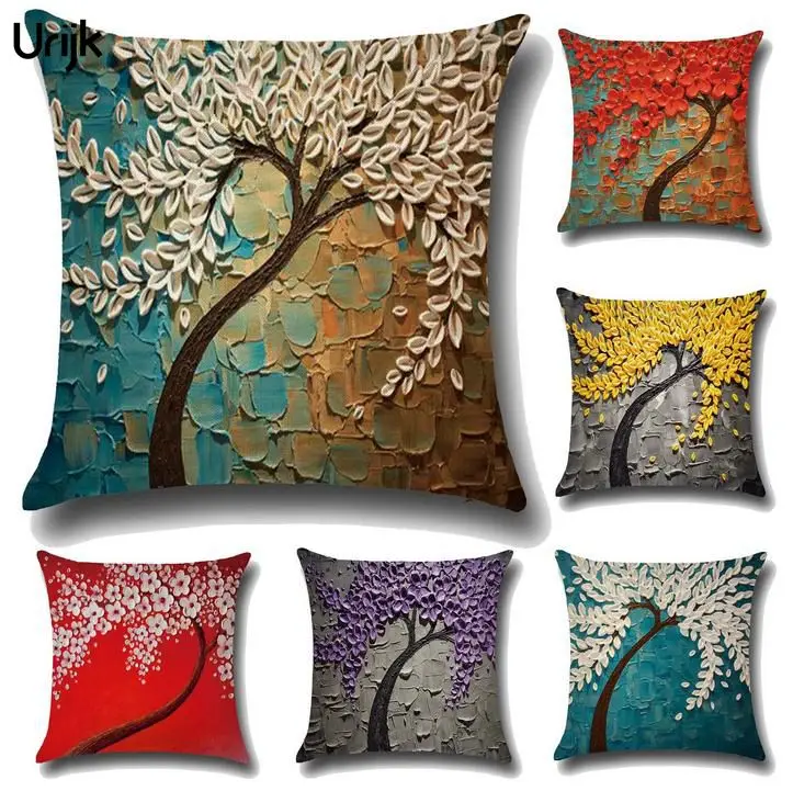 New Juneiour Vintage Flower Pillow Case Mural Yellow Red Tree Cherry Blossom Cushion Cover Throw 45x45cm | Дом и сад