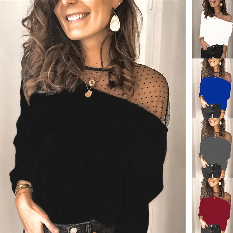 

Sexy Women's New Black Shirt Spring And Autumn Solid Color Stitching Long-Sleeved Slim-Fit Mesh Perspective Polka-Dot Top
