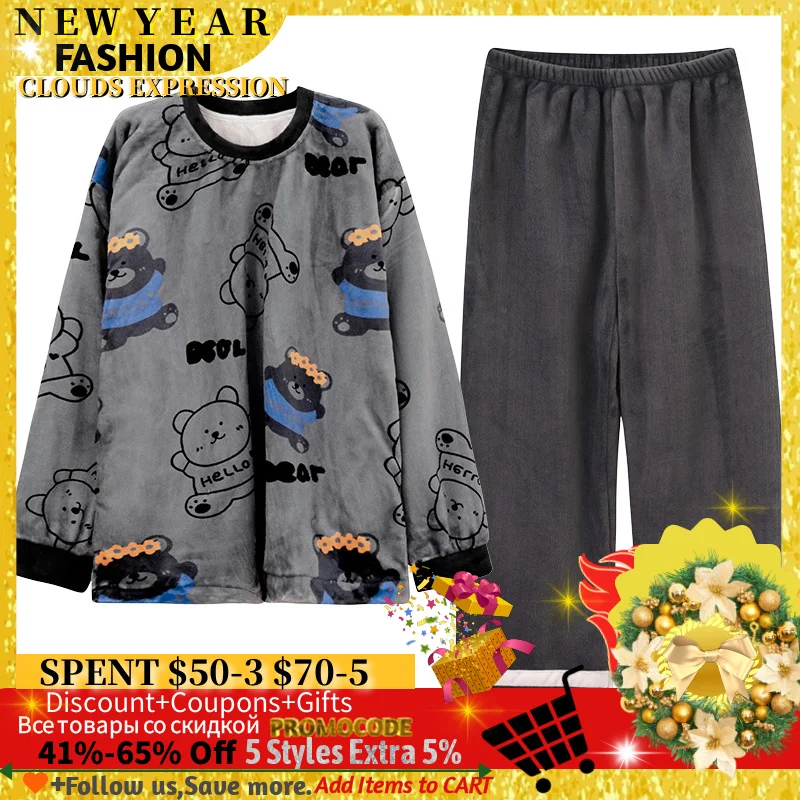 

Autumn Winter Brand Warm Thick Flannel Men's pajamas Sets Cartoon Casual Sleepwear Coral Fleece Sleep Lounge pijamas 3XL Fashion
